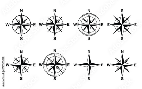 Compass Rose Vector Set,  Vintage and Modern Navigation Icons, Nautical Symbols, Wind Rose, Maritime Design Elements, Adventure Travel, Map Direction Signs, and Exploration Graphics Collection