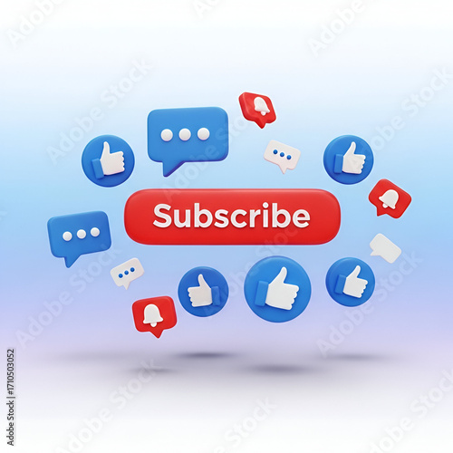 3d rendering of social media icons like subscribe button, thumbs up, chat bubbles, and notification bell floating around a red subscribe button on a light blue gradient background