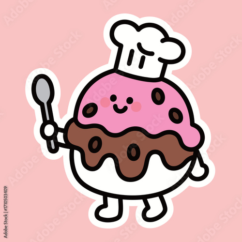 A cute cartoon ice cream scoop character wearing a chef's hat and holding a spoon, ready to cook.