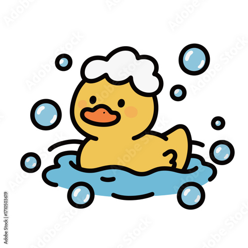A cute cartoon rubber duck character taking a bubble bath in a tub with lots of bubbles.
