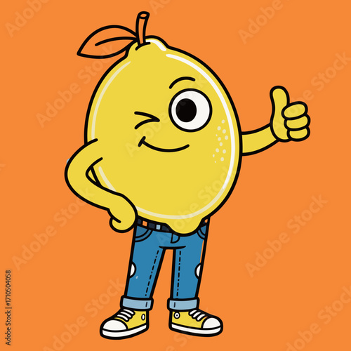A cool and funny cartoon lemon character wearing jeans and sneakers, winking and giving a thumbs-up.