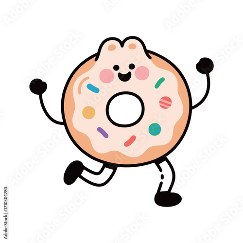 A cute cartoon donut character with sprinkles and white frosting, happily running or jumping.