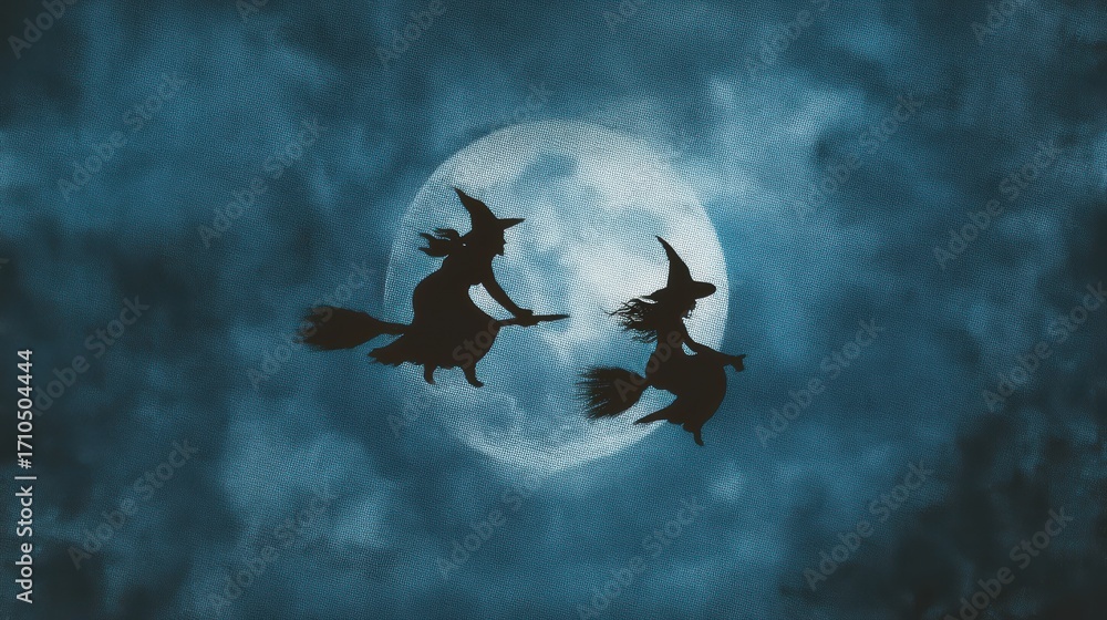Fototapeta premium Two silhouetted witches fly on broomsticks against a full moon backdrop, evoking a mystical, Halloween-inspired atmosphere, with space for text