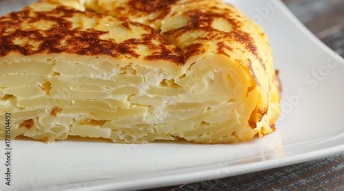 Tortilla Española Delight: A close-up shot captures the golden-brown, exquisitely layered texture of a traditional Spanish tortilla, showcasing its culinary artistry on a simple white plate.