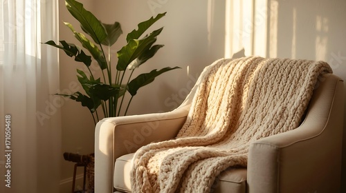 Cozy living room corner with armchair, throw blanket, and indoor plant