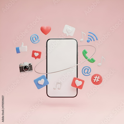 A smartphone with various social media icons and symbols floating around it on a pink background, representing digital communication and online presence