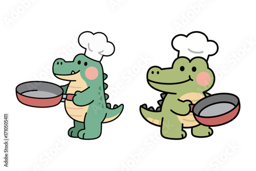 A set of two cute cartoon crocodile characters wearing a chef's hat and holding a frying pan.
