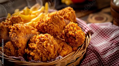 Golden Crispy Delight: Savor the enticing image of golden-brown fried chicken pieces alongside a serving of perfectly golden french fries. The inviting aroma is captured in this close up photograph.