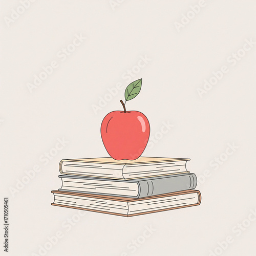 Books and apple. Hand drawn vector illustration. Back to school.