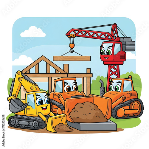 Cheerful cartoon construction vehicles, including an excavator, bulldozer, and crane, actively building a wooden house structure under a bright sky.