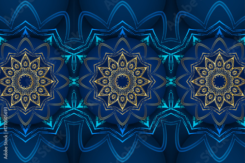 Decorative golden blue mandala design with floral geometry and elegant reflective symmetry