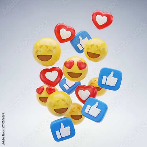 Collection of 3d social media icons including emojis, hearts, and thumbs up symbols floating against a light gray background