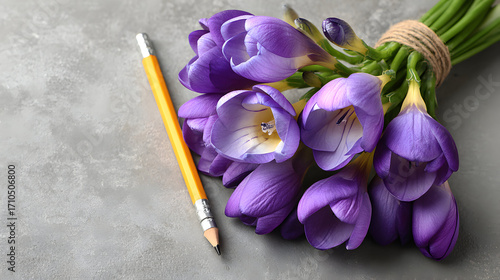A bouquet of purple crocuses and a yellow pencil on a gray surface.