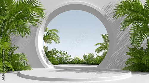A circular, white stone archway with a platform, surrounded by tropical palm trees.