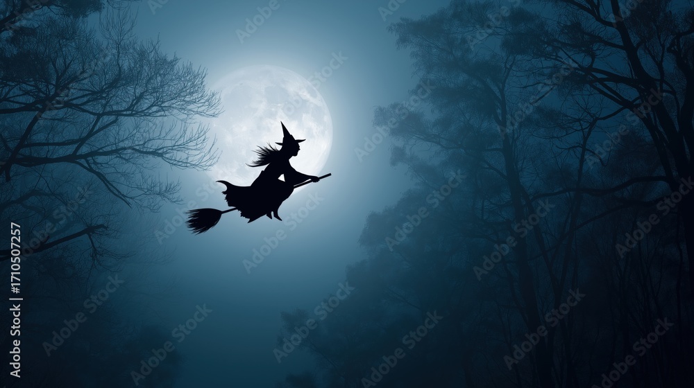Fototapeta premium Scary witch flying on broomstick on full moon at night - Happy Halloween