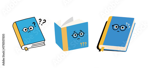 A set of three cute cartoon book characters with confused faces and question marks.