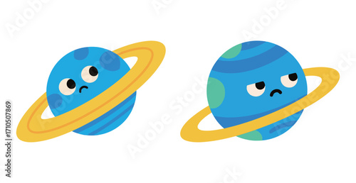 A set of two cute cartoon Saturn-like planets with rings and sad, angry faces.