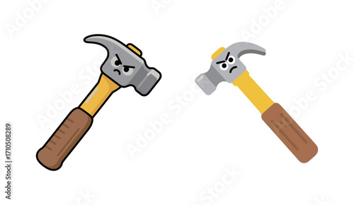 A set of two cute but angry cartoon hammers with cross expressions and furrowed brows.