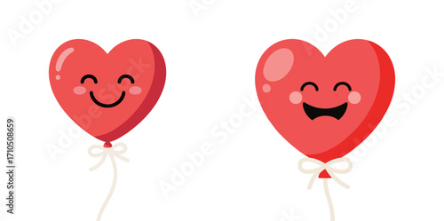 A set of two cute cartoon red heart-shaped balloons with smiling faces, floating with strings.