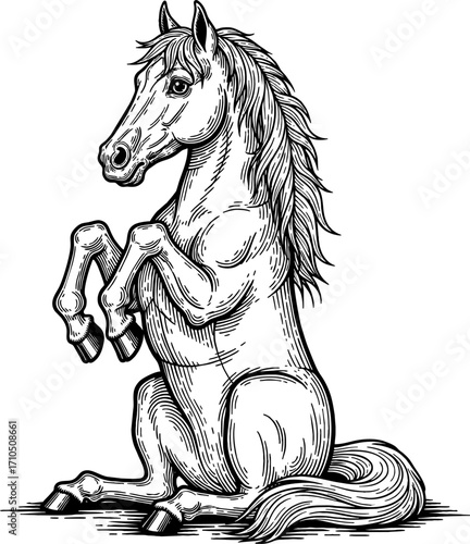 Old engraved illustration of Horse gait (extended trot), Equine anatomy