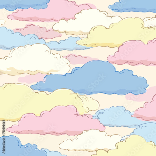 シームレスなパステルカラーの雲の背景イラスト