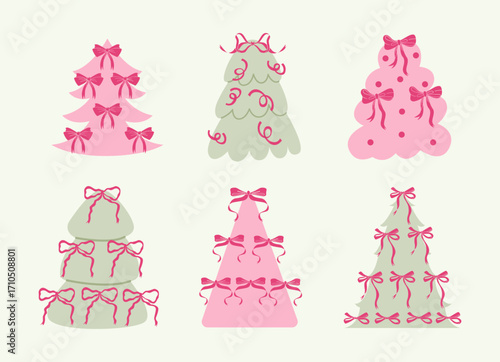 Christmas tree with coquette bow collection. New Year Clip Art.  Flat Vector Illustration.