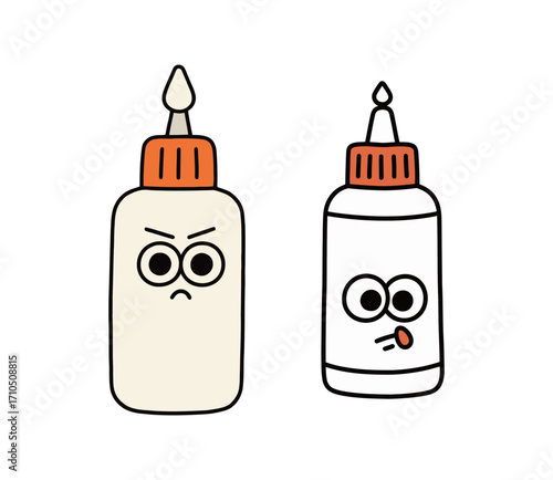 A set of two cute cartoon glue bottles with angry and confused expressions.