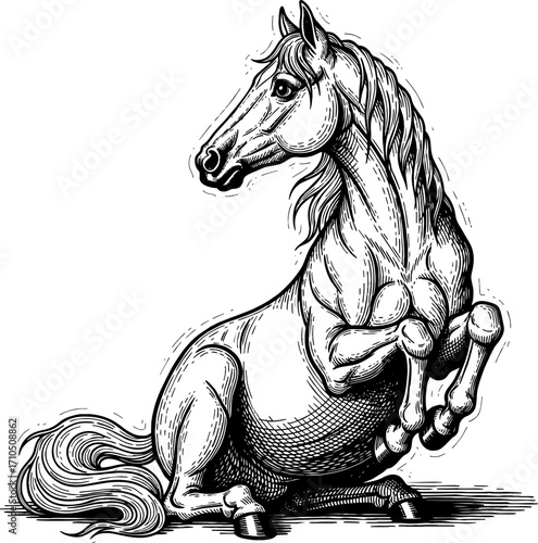 Old engraved illustration of Horse gait (extended trot), Equine anatomy