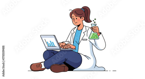 Female scientist in lab coat working on laptop and holding flask.