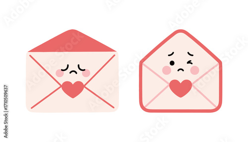 Set of cute cartoon envelopes with sad and winking faces.