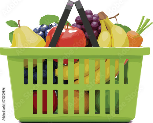 Green shopping basket filled with fruits and vegetables—healthy eating concept for nutrition awareness, grocery design, and fresh produce illustration