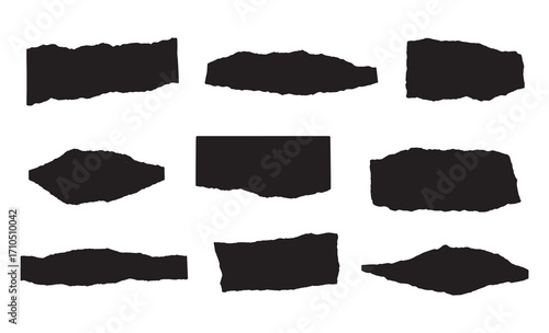 Collection of nine rough torn paper edge silhouettes for creative design projects