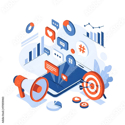 Digital marketing concept with megaphone, social media icons, charts, and target, illustrating online promotion and advertising strategies