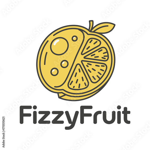 Fizzy fruit logo of a yellow citrus slice with bubbles and a leaf.
