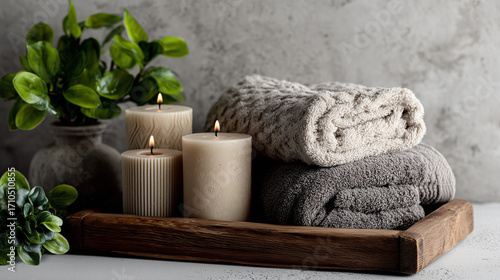 photo of a wooden tray with candles and towels on it. on the left is a green plant