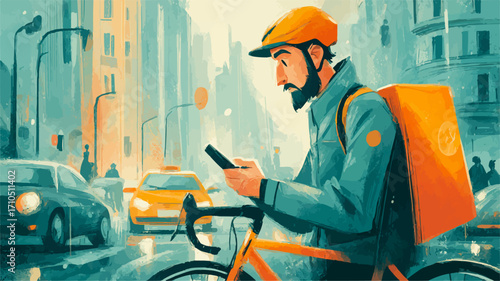 Bike messenger checking his smartphone while riding a bicycle in New York City traffic