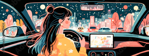 Young woman driving modern car at night in the city center, using gps navigation on dashboard screen