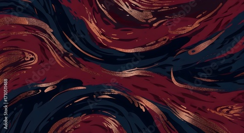 Swirling abstract pattern of dark navy blue and rich burgundy with shimmering copper accents