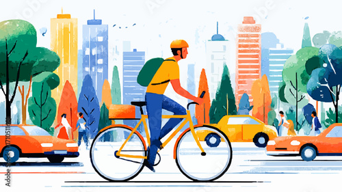 Bike messenger delivering something in city traffic is looking at his phone to check the address