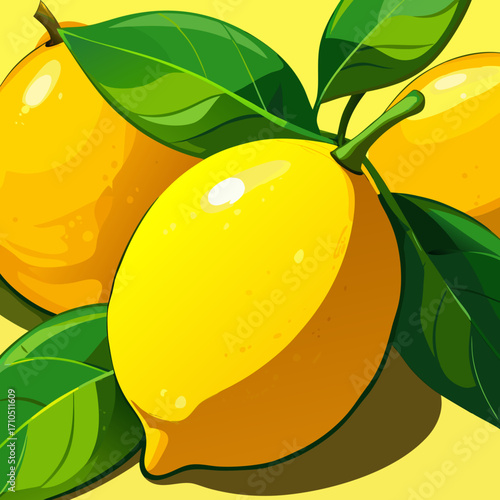 Vector illustration of fresh ripe citrus fruits like lemons and oranges on a branch with leaves