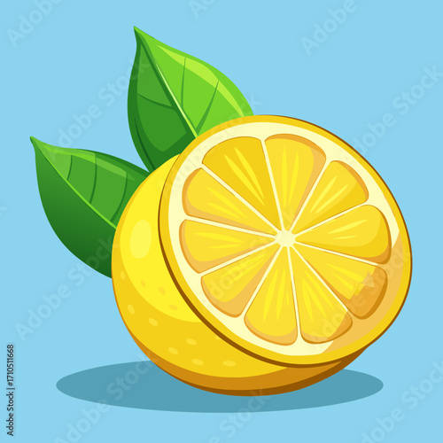 Fresh sliced lemon with green leaves, a juicy and healthy citrus fruit isolated on a white background