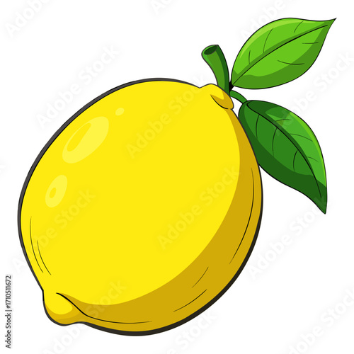 Fresh organic lemon vector illustration with green leaves, a juicy citrus fruit for a healthy diet