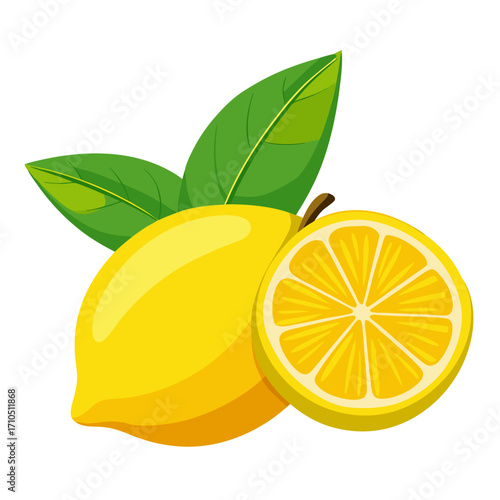 Fresh citrus fruit with green leaves, a ripe lemon with a mint leaf, and a juicy lemon slice on a white background