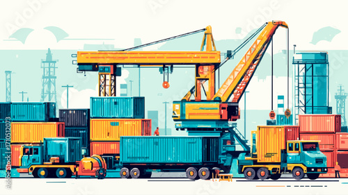 Large industrial crane loading cargo containers onto truck in busy port with stacks of containers and other trucks, daytime scene