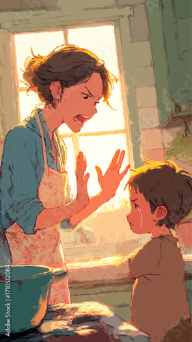 Mother wearing apron scolding her crying son in a sunlit kitchen