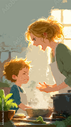 Mother and son wearing aprons are arguing while cooking together in a messy kitchen