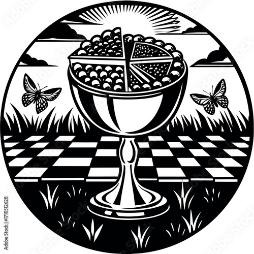 Chalice filled with fruit and butterflies in a checkered field vector