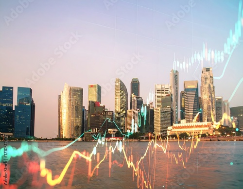 City skyline overlaid with financial charts at dusk