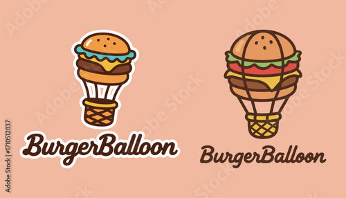 Fun and playful logo design of a burger as a hot air balloon.