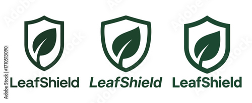 Simple and bold logo design of a leaf within a shield, representing protection and nature.